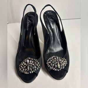 Delman Made in Italy Black Satin Slingback Evening Heels Crystal Adorned EU 38